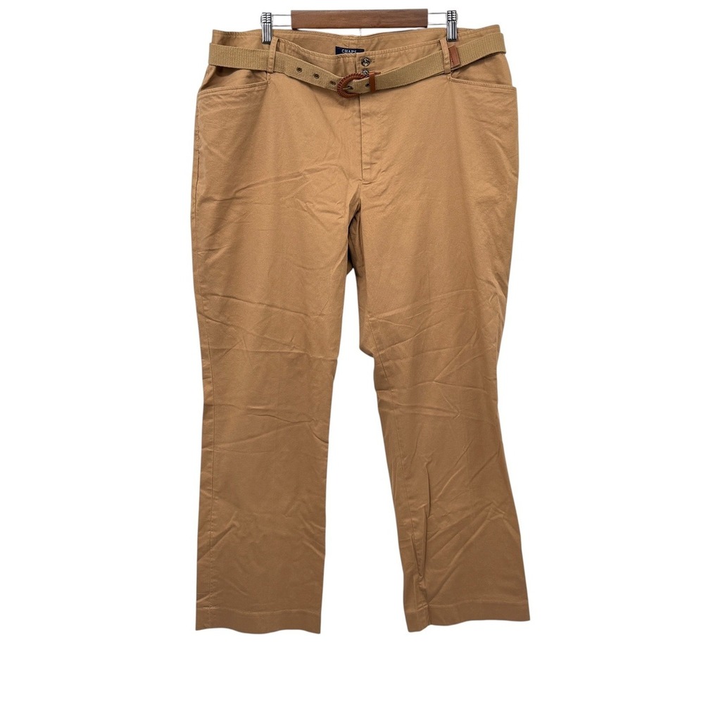 Chaps Women 18W Tan Straight Leg Pants Belted Stretch Cotton 41x32 Plus NWT